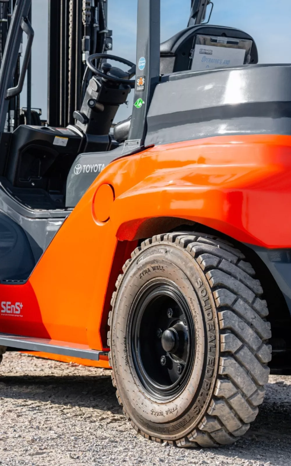 Pneumatic forklift tires in an outdoor application.