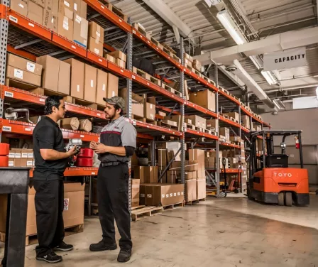 Parts associate speaking to a service technician about forklift parts.