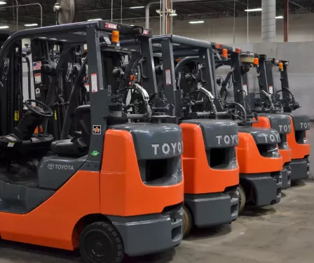 ProLift Toyota used forklift inventory for sale showcased in the warehouse.