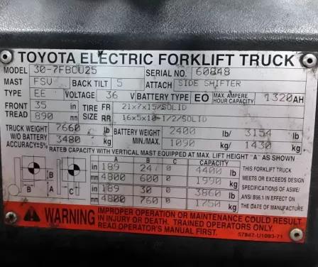 Toyota forklift data tag and data plate.