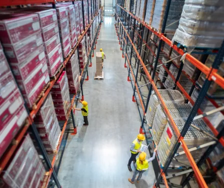 Large warehouse with workers in the aisle between pallet racking loaded with product.