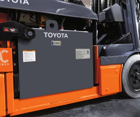 Industrial lithium ion battery operating a Toyota electric forklift.