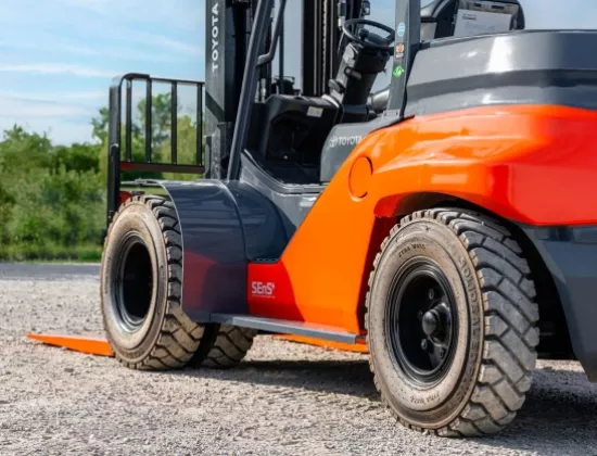 Pneumatic forklift tires in an outdoor application.