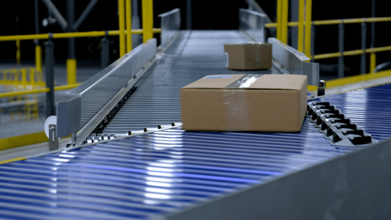 A brown package being transported by a blue conveyor system.